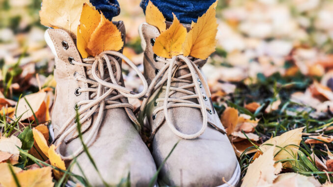 women's legs in jeans and autumn boots on yellow foliage, close-